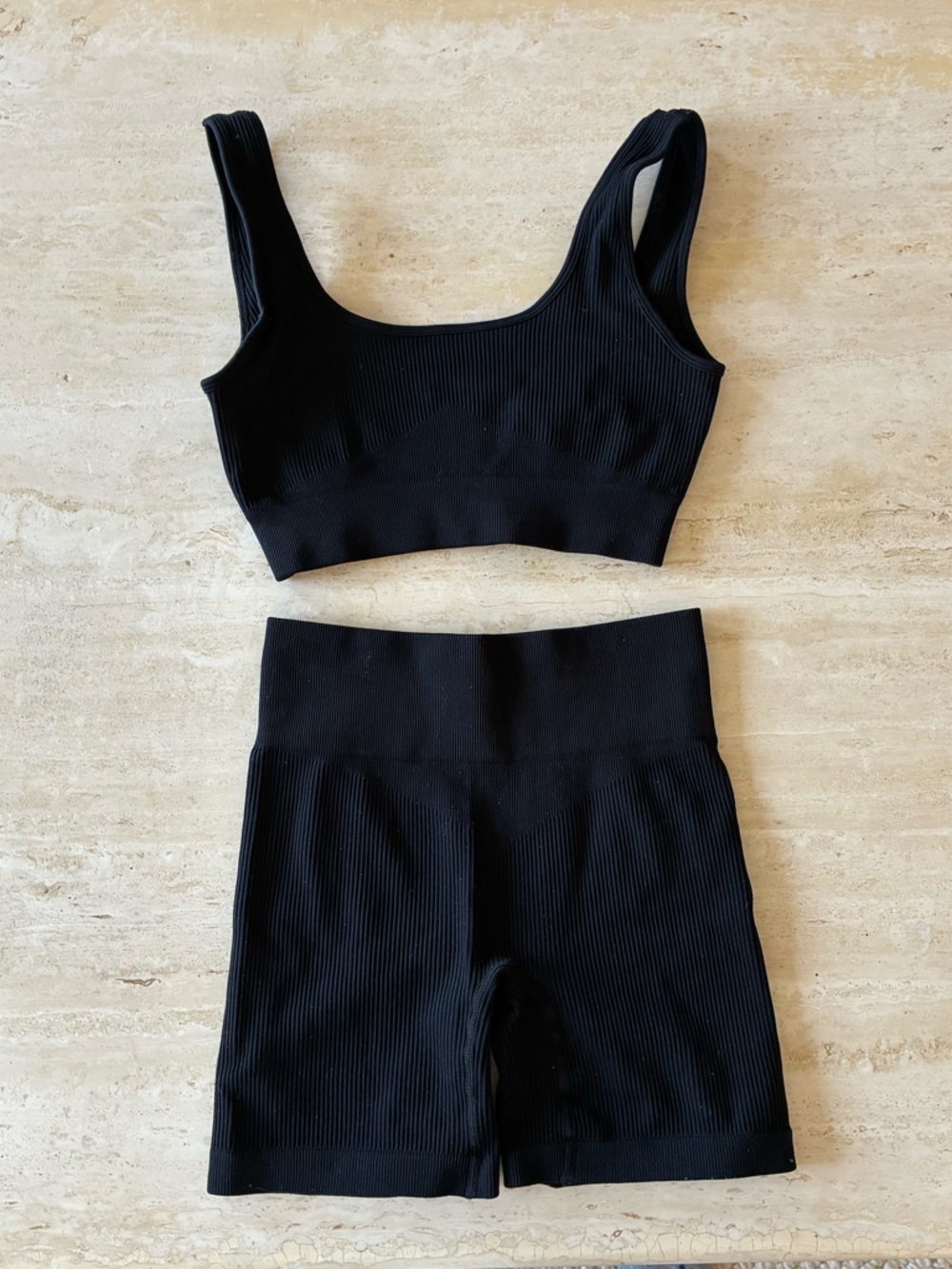 Black Ribbed Sports Bra and High-Waist Bike Shorts Set